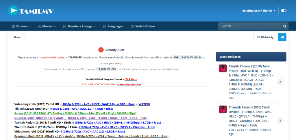 Homepage of Official Website of TamilMV