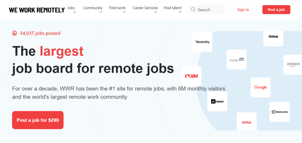 Homepage of Official Website of WeWorkRemotely