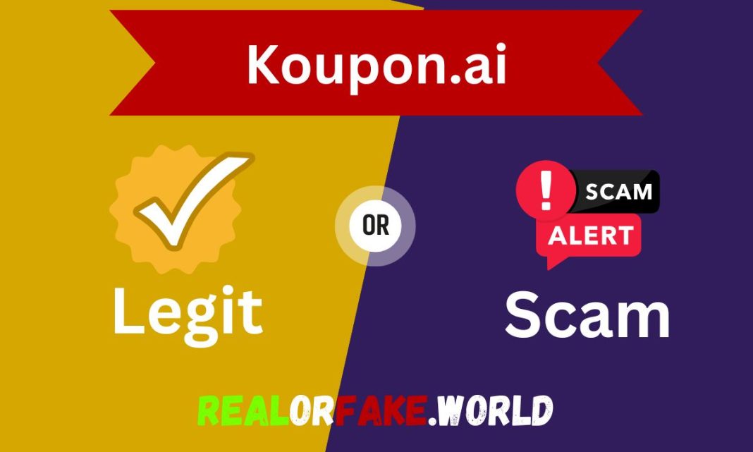 A split thumbnail for Koupon.ai featuring "Legit" in white with a blue checkmark on the left and "Scam" in white with a red prohibited symbol on the right. The center contains a circular "or" separator, indicating comparison. The Learn With Infinite (rof) logo and website link are displayed at the bottom.