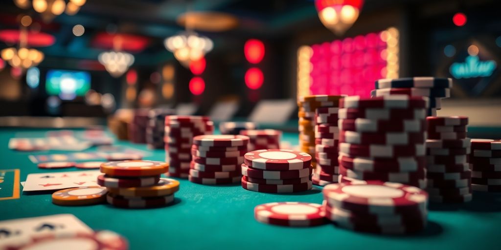 Casino table with chips and cards in vibrant colors.